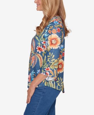 Petite Classic Floral Print Pointed Hem Top with Necklace