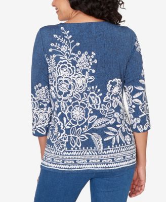 Petite Classic Floral Border Embroidered Split Neck Top