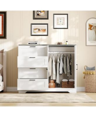 Storage Cabinet with 4 Drawers and 2 Doors, Freestanding Wardrobe with Hanging Rod