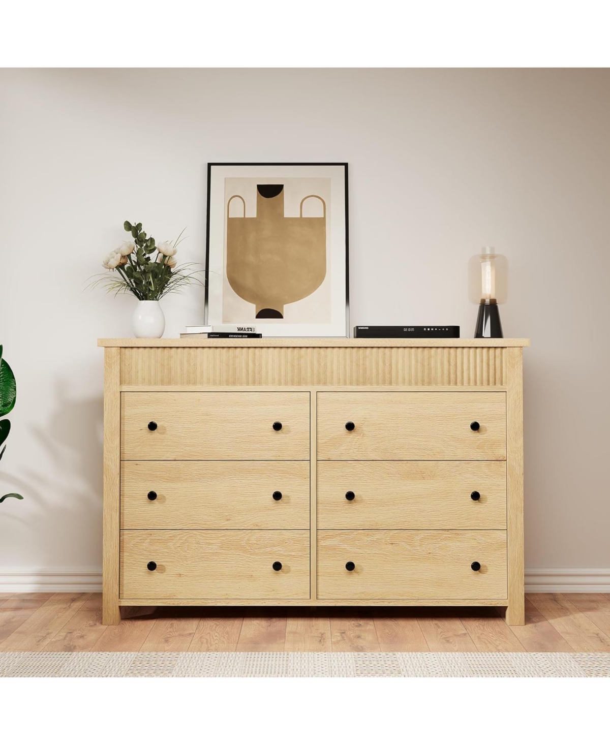 gaomon 6-Drawer Farmhouse Dresser Bedroom Wooden Chest of Drawers, Fluted Tv Stand Storage Cabinet for Living Room, Hallway, Office, Natural - Beige