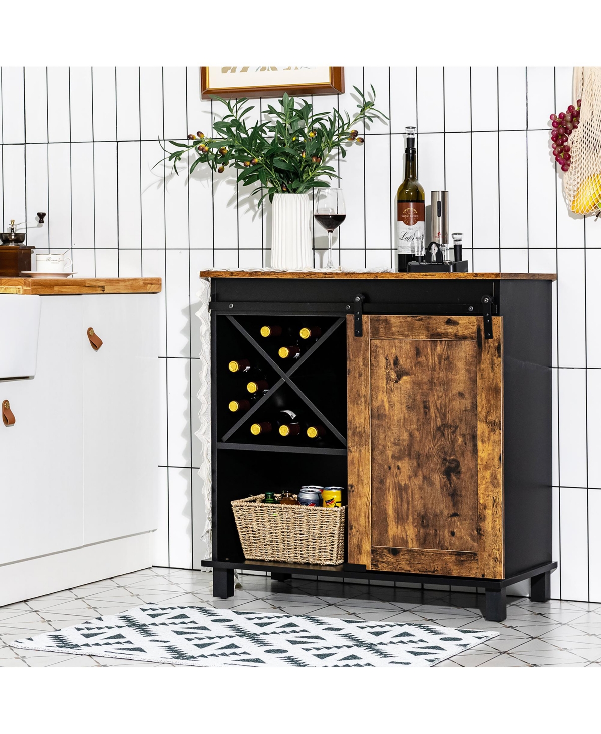 Costway Kitchen Buffet Storage Cabinet Sideboard w/Sliding Barn Door Wine Rack