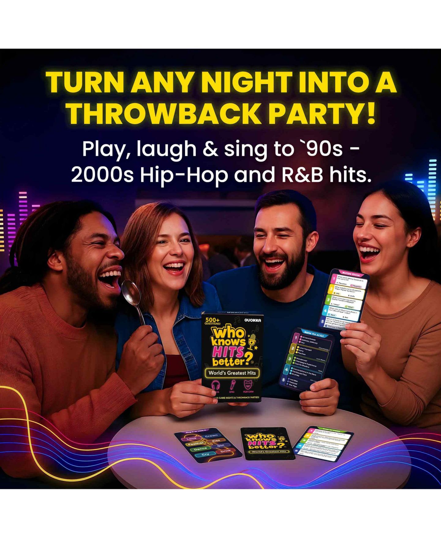 Детская карточная игра Quokka Who Knows Lyrics Better 90s R&B Music Trivia Card Game, 110 Questions, от 14 лет, цвет: Greatest Hits — фото 3