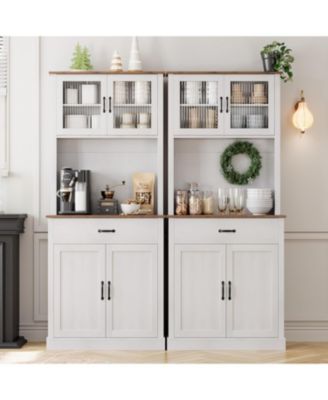 Kitchen Cabinet with Glass Doors, Large Drawer, Adjustable Shelves, Cable Hole, Anti-Tilt Storage, White