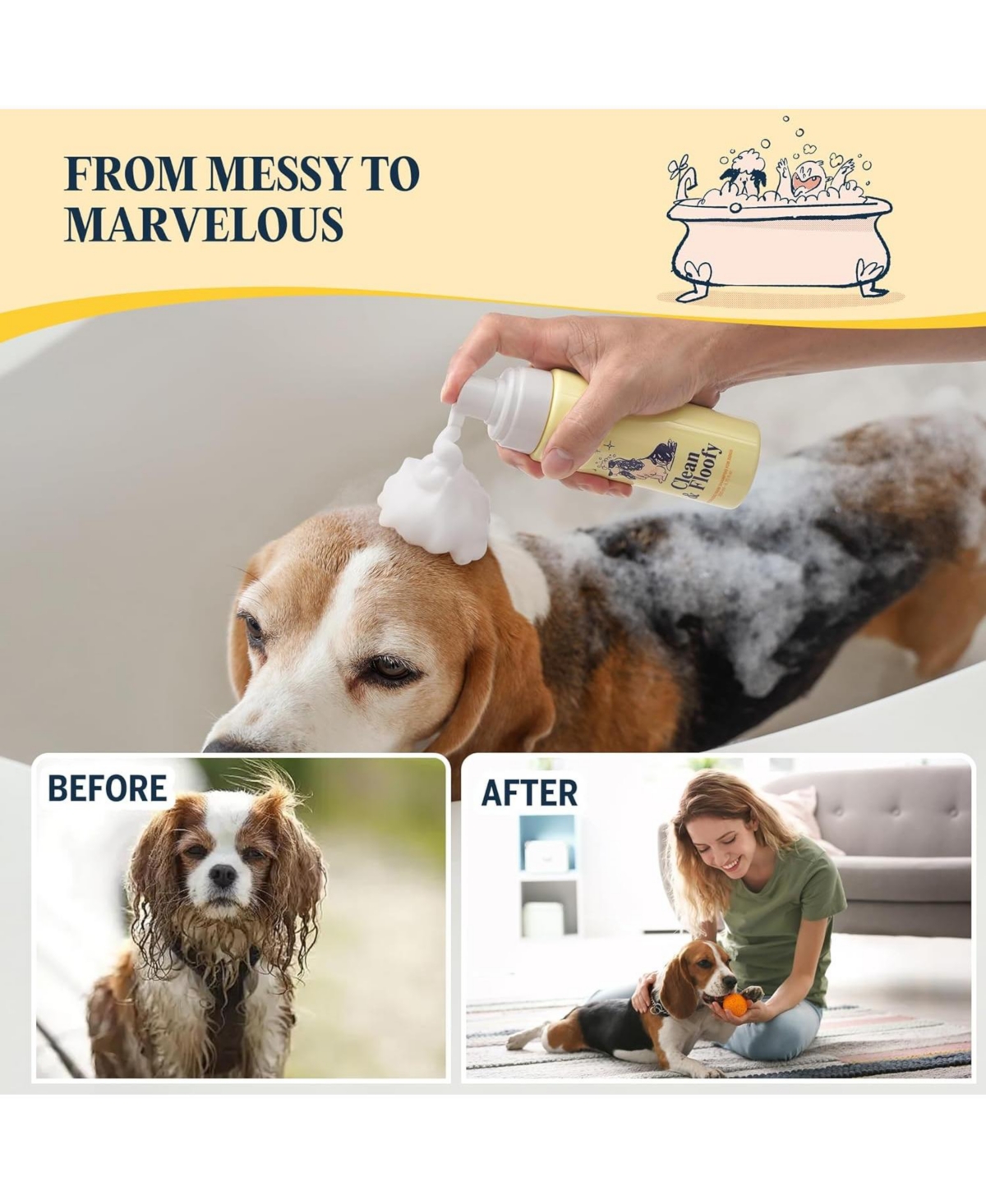 Flydog Clean & Floofy Waterless Dry Dog Shampoo with Glove, No Rinse Spray Foam for Dogs & Puppies, Anti-Itch, Odor Control