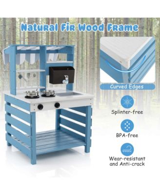 2-In-1 Wooden Mud Kitchen with Canopy Removable Sink Water Box Faucet Sound Effect