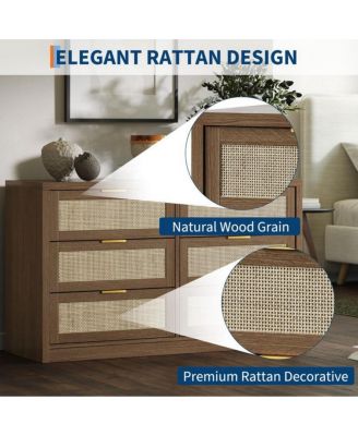 6-Drawer 53" Modern Rattan Dresser Bedroom Boho Wood Chest Storage Cabinet, TV Stand for Living Room, Metal Handles