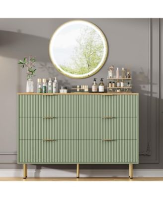 6-Drawer Modern Fluted Wood Dresser with Gold Handle, Large Storage Organizer for Bedroom, Living Room, Hallway, Green