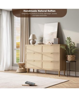 Rattan 6 Drawer Dresser for Bedroom, Large Double Dresser with Deep Drawers, Modern Chest Organizer