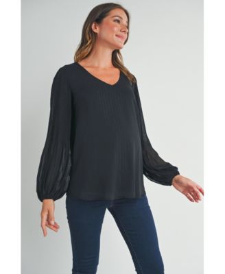 Maternity Flowy Sheer Long Sleeve V Neck Blouse