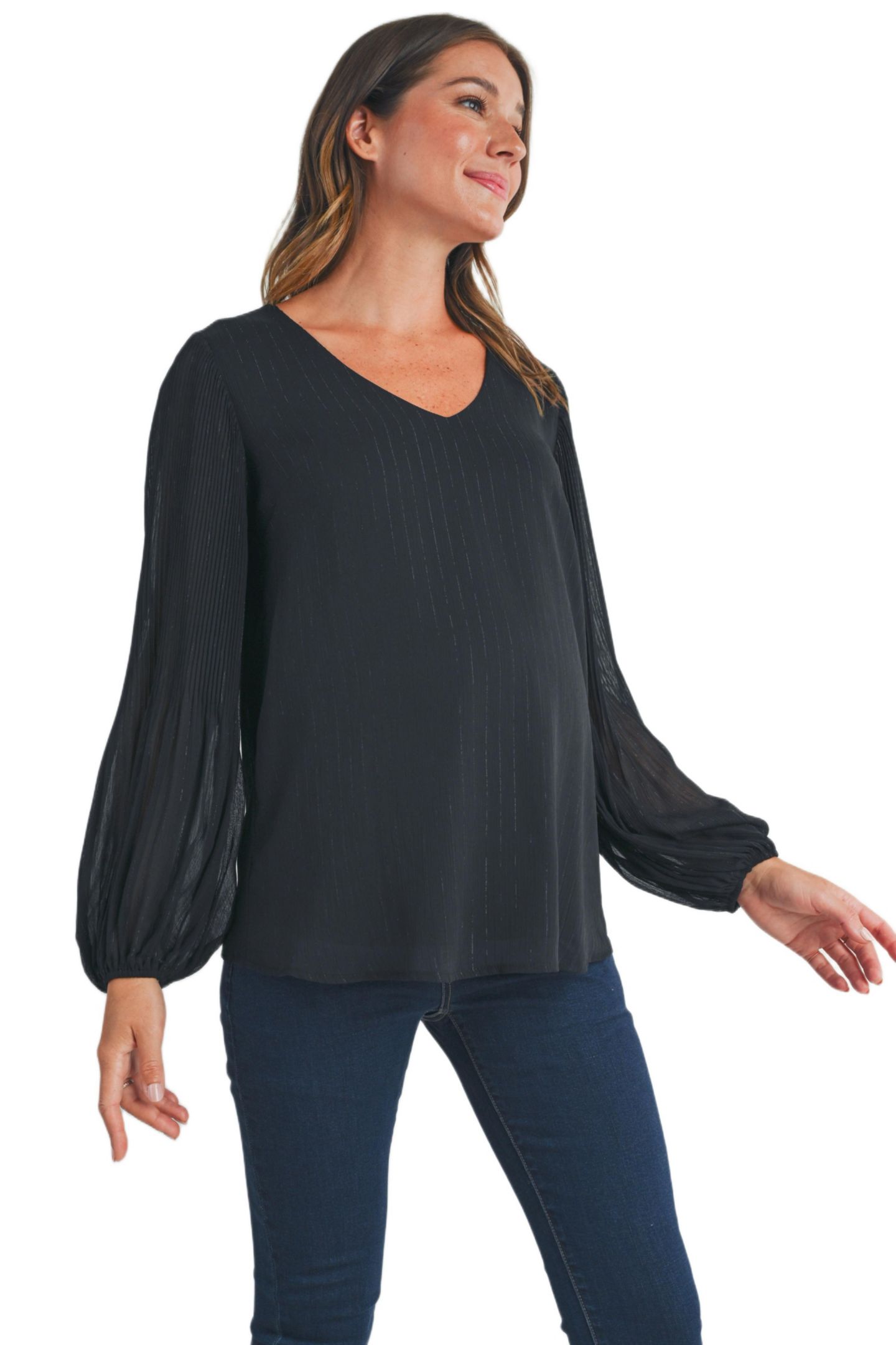 Женская блузка Hello Miz Maternity Flowy Sheer Long Sleeve V Neck Blouse, цвет: Чёрный — фото 2