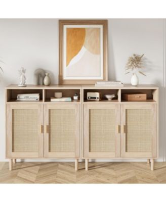 2 Sets Rattan Sideboard Cabinet with 2 Doors & Shelf, Modern Boho Farmhouse Buffet Storage, Coffee Bar, Natural