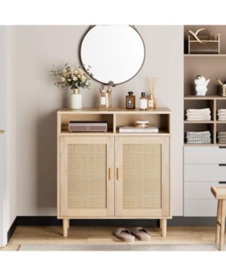 Rattan Sideboard Buffet Cabinet with 2 Doors & Shelf, Modern Kitchen Storage Cabinet, Dining, Entry Hallway, 36" H, Natural