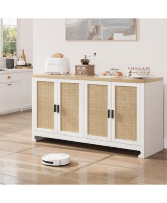 Modern Rattan Accent Storage Cabinet with 4 Doors & Shelf, Console Coffee Bar, Dining Room, Kitchen, Living Room, White