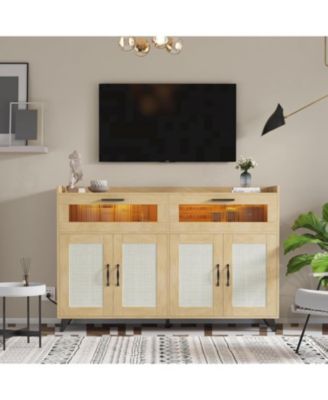 Farmhouse Storage Cabinet with Charging Station, LED Light, Rattan Buffet, Heavy Duty, Kitchen, Living Room