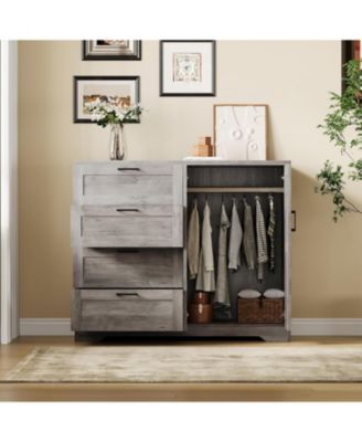 Modern Wooden Dresser for Bedroom, 43.3" 2-Door Wardrobe Armoire, 4 Drawers, Hanging Rod, Storage Cabinet
