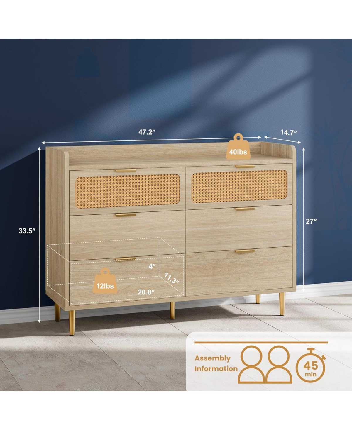 gaomon 6-Drawer Double Dresser, 47" Wide, Modern Wood Chest, Rattan Storage for Bedroom