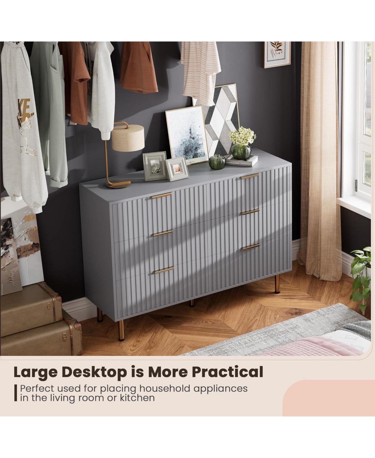 gaomon 6-Drawer Modern Fluted Dresser, 47.2 Inch Wide Chest, Deep Drawers, Tv Stand, Wooden Organizer for Bedroom, Living Room, Kids Room