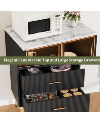 Fluted Storage Cabinet with Glass Door, 2 Drawers, Modern Pantry with Adjustable Shelves for Collectibles, Living Room, Office, Black