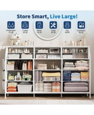 14 Foldable Fabric Drawer Dresser with Wood Top, TV Stand, Open Shelves, Metal Frame, Bedroom, Living Room, White