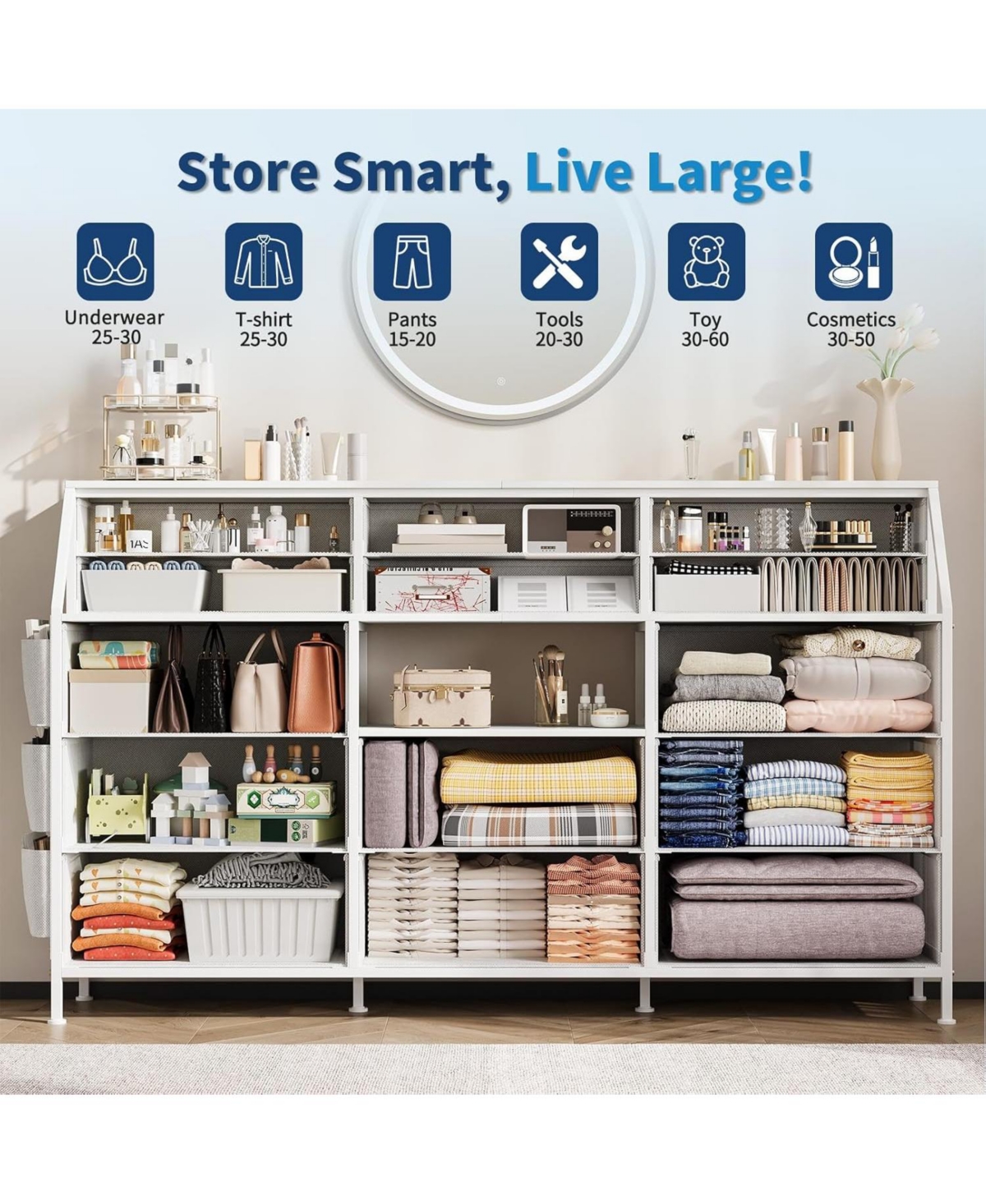 gaomon 14 Foldable Fabric Drawer Dresser with Wood Top, Tv Stand, Open Shelves, Metal Frame, Bedroom, Living Room, White