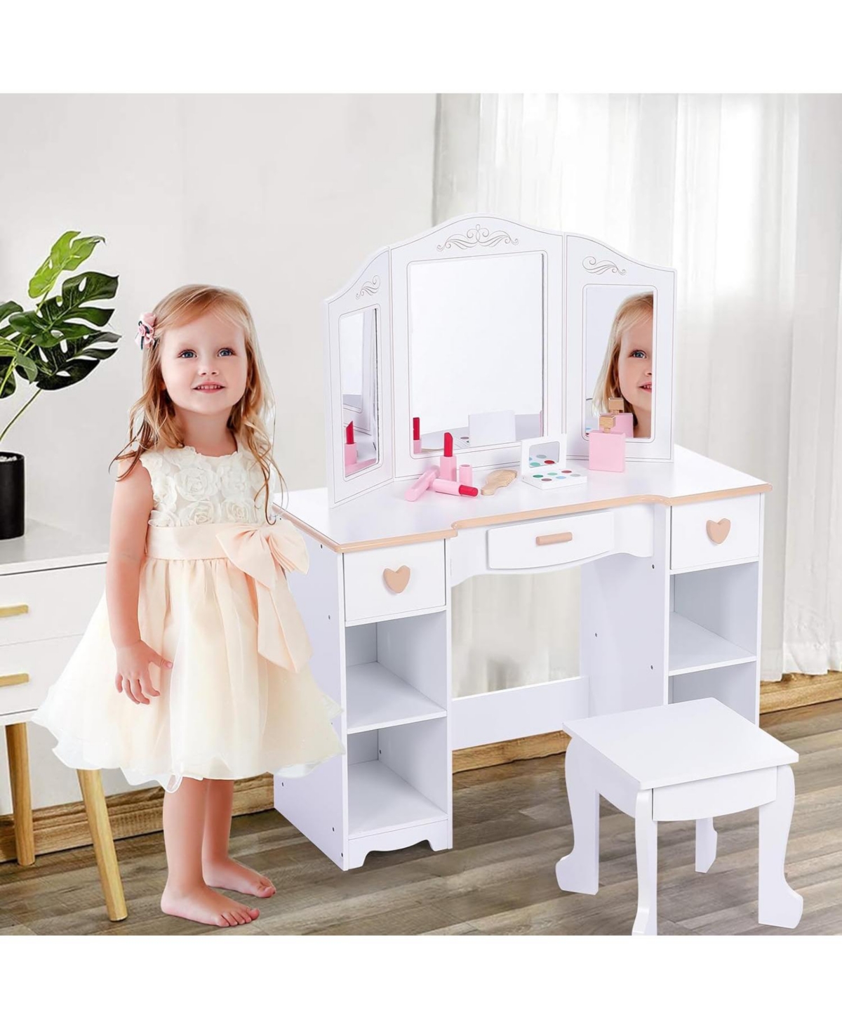 gaomon Kids 3 Drawer Wooden Dressing Table, Round Mirror with Lights, Stool, Modern Child Vanity Set