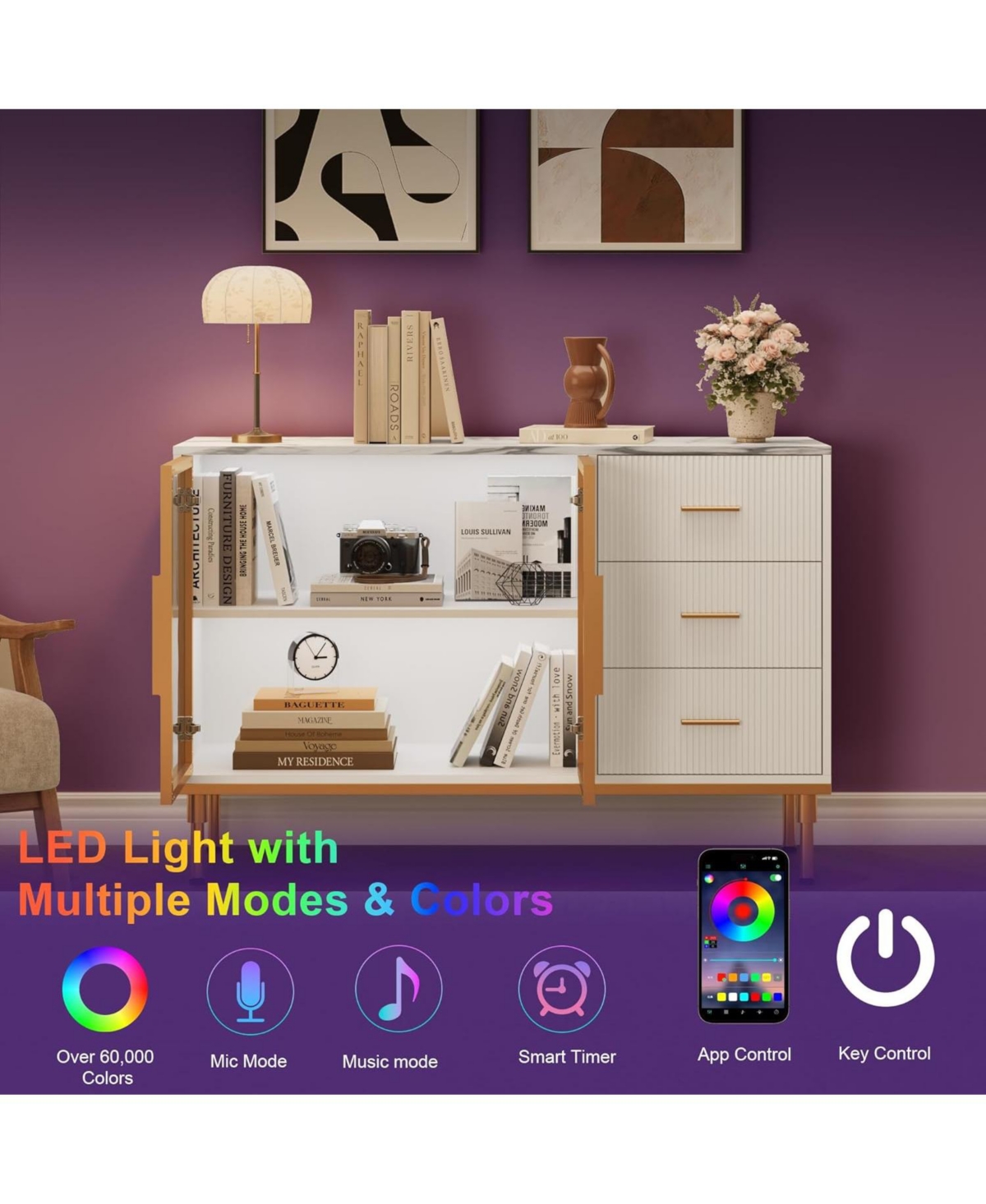 gaomon Fluted Sideboard Buffet Cabinet with Glass Doors, 3 Drawers, Marble Top, Kitchen & Dining Room, White