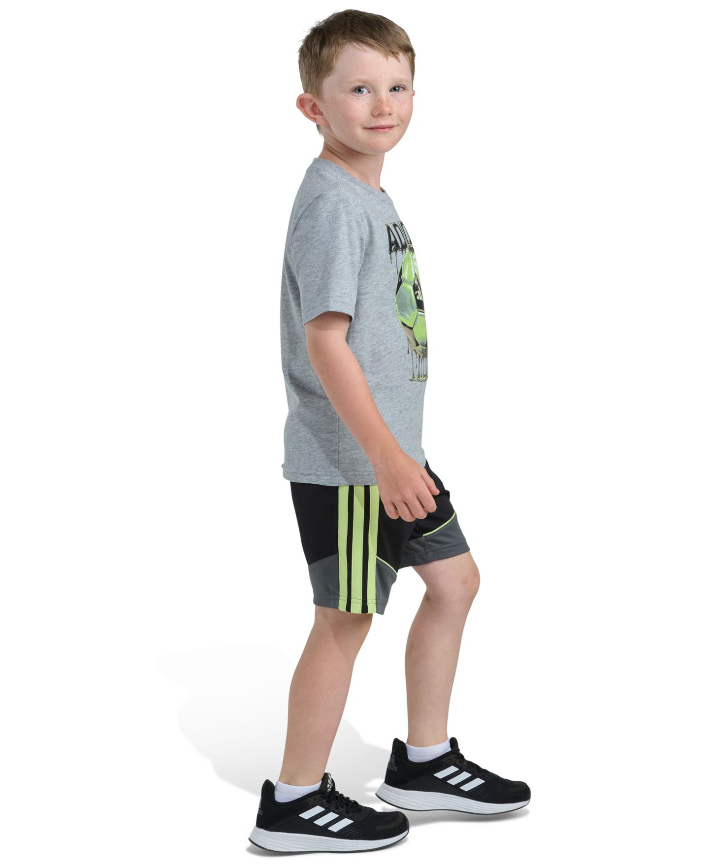 Детский комплект adidas: футболка с принтом и шорты колор-блок, 2-7 лет, цвет: Серый меланжевый / Чёрный — фото 2