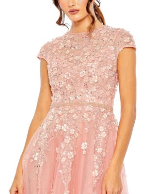 Women's High Neck Cap Sleeve Embellished A Line Gown