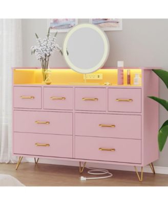 8-Drawer Modern LED Light & Charging Station, Wooden Chest, Open Shelf Dresser