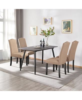 Set of 2  Fabric Upholstered Classic Dining Chair with Tall Back and Solid Wood Legs Khaki