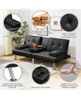 Faux Leather Convertible Futon Sofa Bed with 2 Throw Pillows & Drop-down Cup Holders Dark Brown