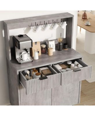 Fluted Sideboard Buffet Cabinet with 2 Drawers, Adjustable Shelves, Coffee Bar Storage Console