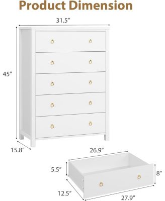 5-Drawer 45" Wooden Chest, Clothes Storage Cabinet, Drawer Organizer Tall Dresser