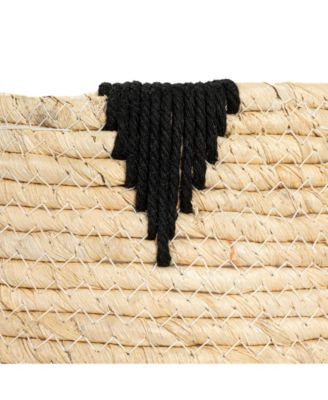 Round Handwoven Corn Leaf Basket Set of 2 with Plastic Liner, Natural with Black Accents