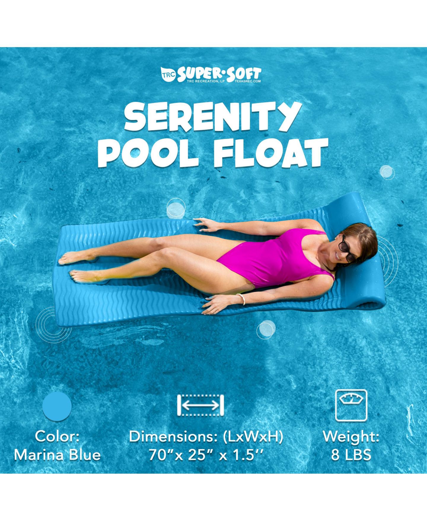Детские игрушки TRC Recreation Serenity 1.5" Thick Vinyl-Coated Foam Built-In Roll Pillow Pool Lounge Float, Ages 14+ — фото 2