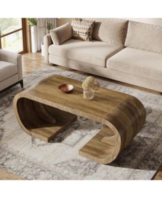 Farmhouse Coffee Table, 47" Heavy Duty C-Shaped Center Table with Curved Base, Rustic Brown