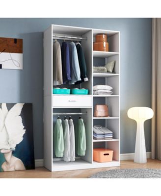 Freestanding Wardrobe Closet with Shelves Drawer & Hanging Rod