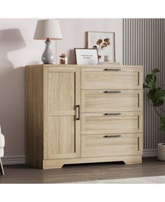 4-Drawer Wood Modern Dresser with Wardrobe Closet and Hanging Rod