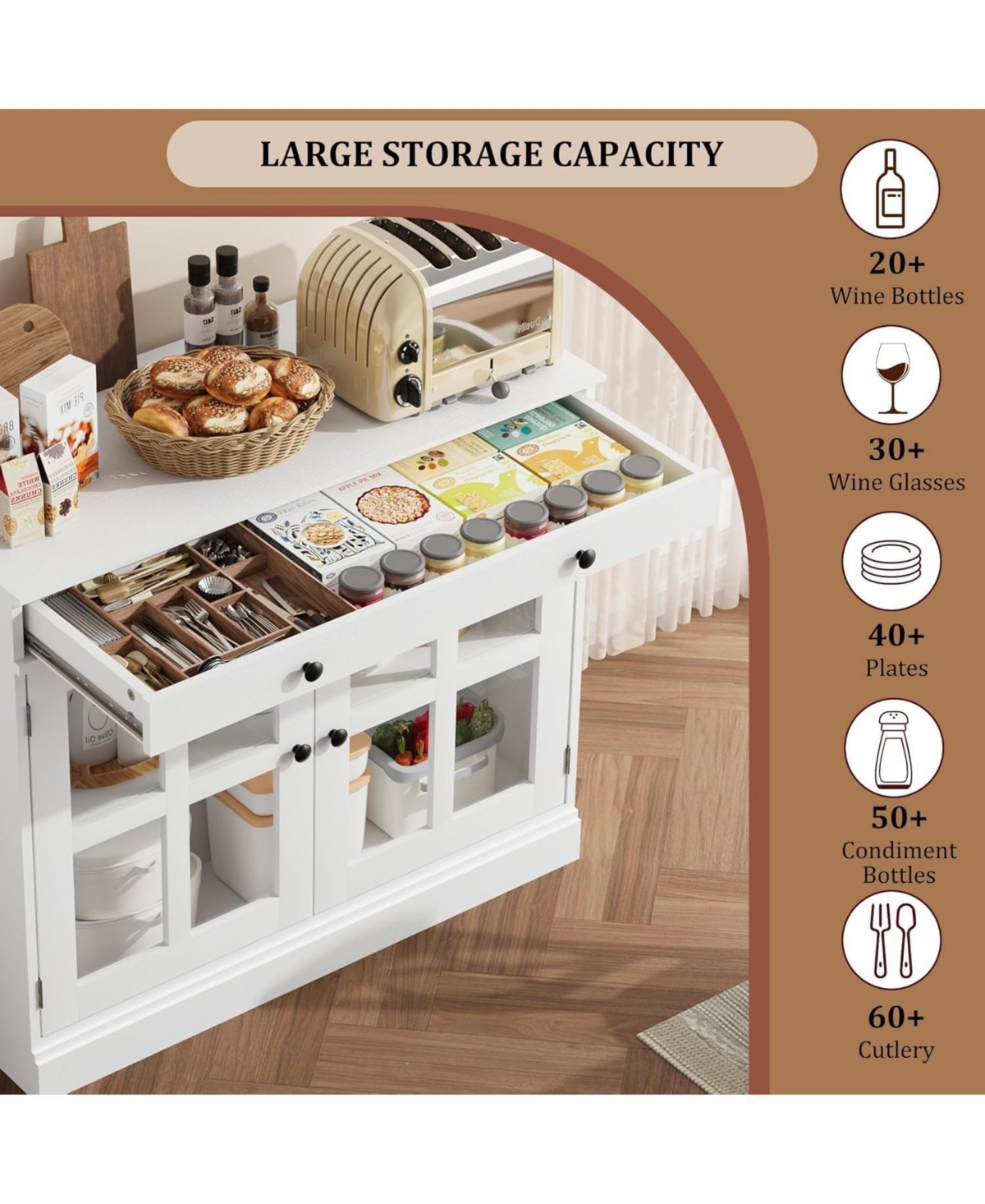 gaomon 35.4 Inch White Sideboard Buffet Cabinet, Glass Door, Drawer Storage, Modern Dining Room, Kitchen Cabinet