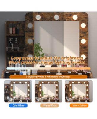 Vanity Desk with Mirror and Lights, Makeup Vanity with Power Outlet, Modern Bedroom or Dressing Room