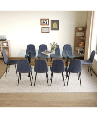 79" Table & 10 Gray Linen Chairs Black Metal Legs