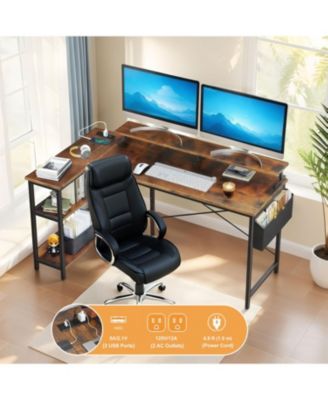 Streamdale 47" Gaming Desk with Power, L-Shaped, Monitor Stand & Shelves, Vintage