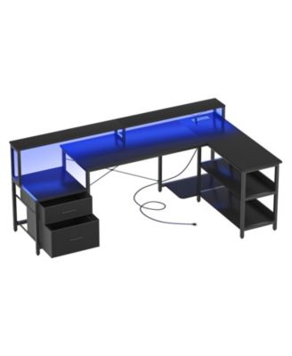 72.8" L Shaped Desk with File Drawer, Reversible Computer Desk with Power Outlet, LED Strip, Monitor Stand & Storage Shelves