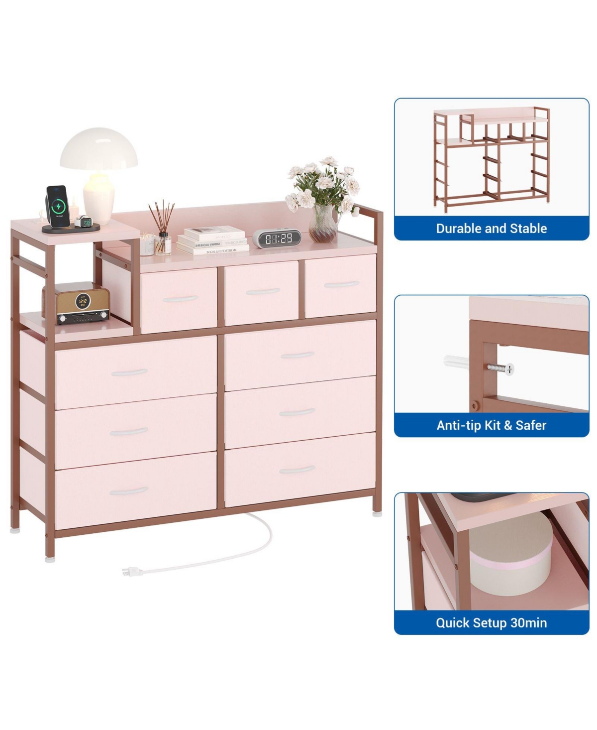 gaomon 9-Drawer Modern Dresser with Charging Station, Heavy-Duty Storage Chest, Power Cord, Bedroom, Living Room, Entryway