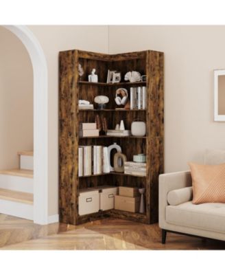5-Tier Farmhouse Corner Bookcase, 71.8" L-Shaped Brown Display Shelf with Storage, Living Room, Home Office