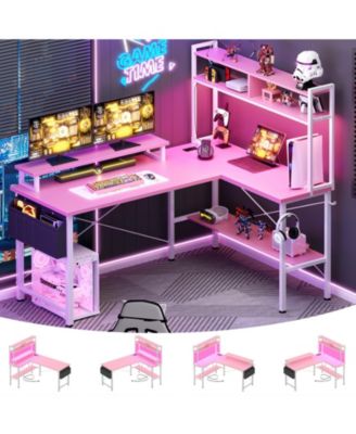 49'' Reversible L Shaped Gaming Desk with Power Outlet and LED Lights, Corner Desk with Hutch & Monitor Stand