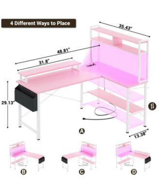 49'' Reversible L Shaped Gaming Desk with Power Outlet and LED Lights, Corner Desk with Hutch & Monitor Stand