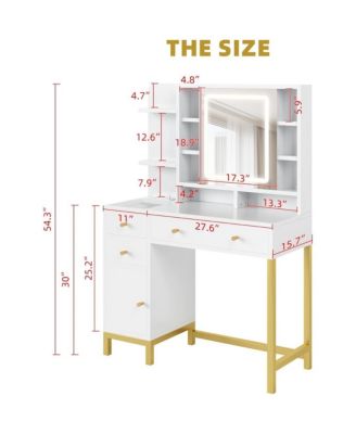 White Vanity Desk with Mirror & LED Lights, Makeup Dressing Table with Power Outlet, Bedroom