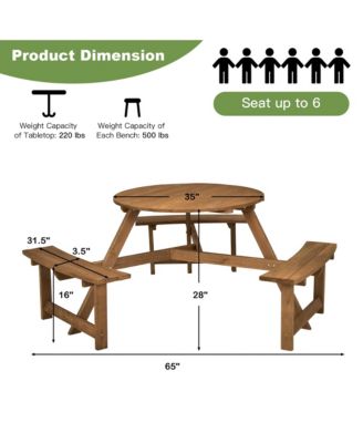 6-person Round Wooden Picnic Table Outdoor Table w/ Umbrella Hole & Benches