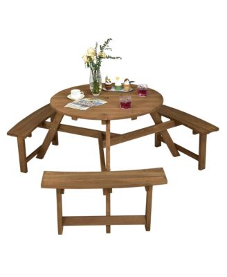 6-person Round Wooden Picnic Table Outdoor Table w/ Umbrella Hole & Benches